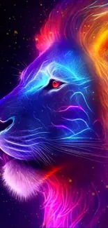 Vibrant neon lion wallpaper with bright colors and digital design.