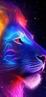 Vibrant neon lion head with electric colors and dynamic design.