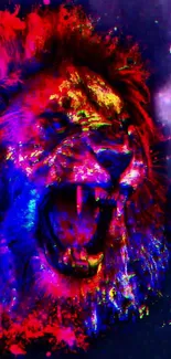 Vibrant neon lion roaring with intense colors.