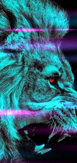 Neon blue lion on black background, roaring fiercely.