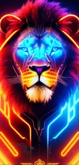 Futuristic neon lion with glowing lines.