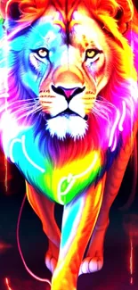 Vibrant neon lion with colorful mane on a mobile wallpaper.