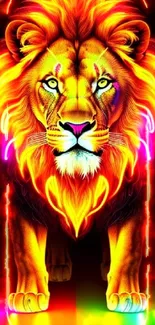 Vibrant neon lion wallpaper with bold orange and multicolor highlights.