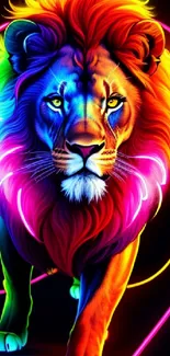 Vibrant multicolored neon lion wallpaper for mobile screens.