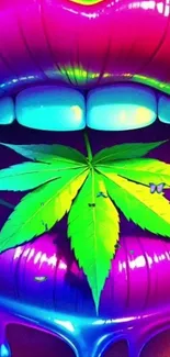Neon lip art with leaf on vibrant background.