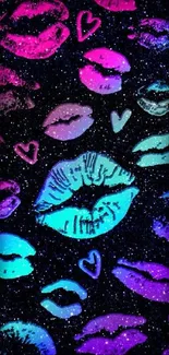 Neon lips and hearts on a starry black background for a vibrant phone wallpaper.