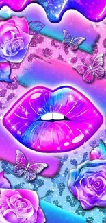 A vibrant wallpaper with neon lips, colorful roses, and butterflies.