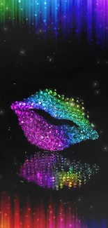 Colorful neon lips on a black background with rainbow gradient.