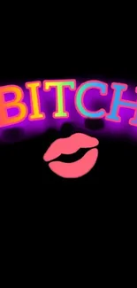 Neon colored lips and word on black wallpaper.