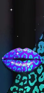 Neon lips and leopard pattern wallpaper in vibrant blues and purples.