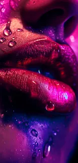 Close-up of vibrant neon lips with water droplets.