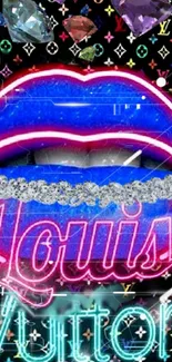 Vibrant neon blue lips with sparkling accents on luxury-themed wallpaper.