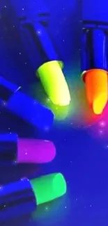 Vibrant neon lipstick on a dark blue background.