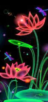 Vibrant neon lotus and colorful dragonflies on a dark mobile wallpaper.