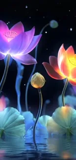 Vibrant neon lotus flowers glowing in serene water setting.