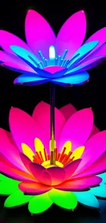 Bright neon lotus flowers glowing against a dark background.