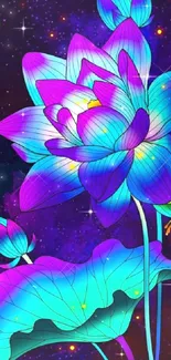 Vibrant neon lotus flower wallpaper with a cosmic background.