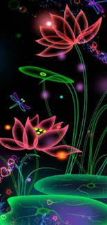 Vibrant neon lotus with dragonflies wallpaper.