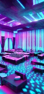 A vibrant neon lounge with pink and blue lighting, perfect for a stylish mobile wallpaper.