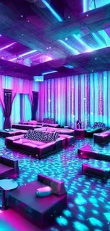 Vibrant neon lounge with purple and blue lighting and modern decor.