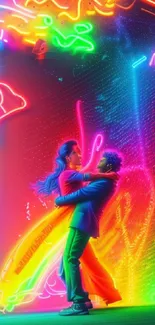 Vibrant neon art wallpaper with embracing couple in colorful lights.