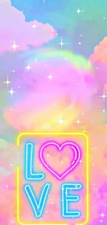 Colorful neon love wallpaper with clouds and heart design.