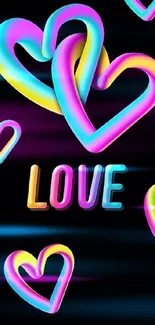 Vibrant neon hearts wallpaper with love text.