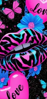 Neon zebra lips with butterflies and hearts on a black background.