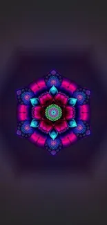 Neon mandala design with vibrant colors and intricate patterns on mobile wallpaper.