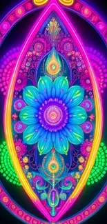 Vibrant neon mandala with intricate floral design and colorful patterns.