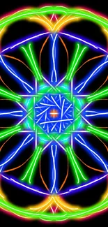 Colorful neon mandala design on black background.