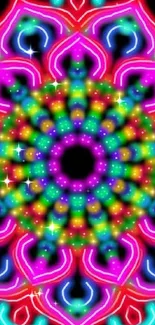 Vibrant neon mandala with colorful intricate patterns.