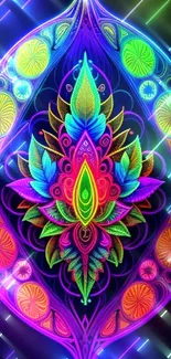 Vibrant neon mandala art with colorful psychedelic patterns.