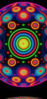 Vibrant neon mandala pattern with colorful concentric circles.