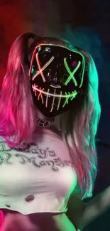 A vibrant neon mask on a colorful background with artistic flair.