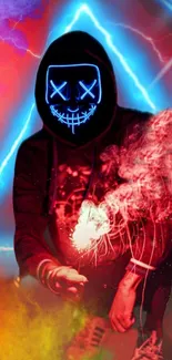 Hooded figure with neon mask in vibrant colors.