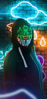 Hooded figure with neon mask and graffiti background.