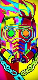 Vibrant neon mask with bold colors on mobile wallpaper.