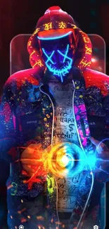 Vibrant neon-masked figure in digital art style.