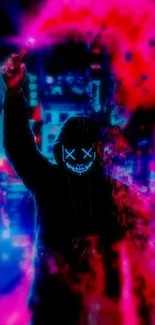 Mysterious figure with neon mask in vibrant colors.