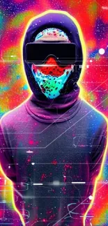 Neon masked figure surrounded by vibrant colors and psychedelic patterns.