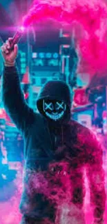 Neon masked figure with smoke in urban setting, vibrant wallpaper.