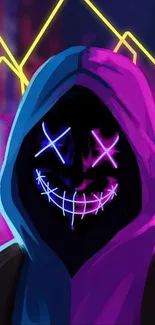 Neon hooded figure with glowing mask, vibrant colors.