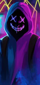 Neon masked figure in vibrant hoodie with glowing background.