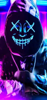 Mysterious figure in a neon mask and hoodie, vibrant purple backdrop.