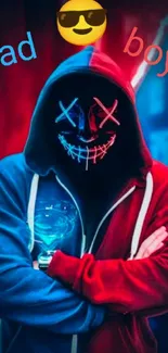 Neon masked figure in red and blue lighting with hoodie.