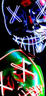 Neon glowing masks on dark background wallpaper.