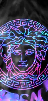 Vibrant neon Medusa with holographic effect on a smoky background.