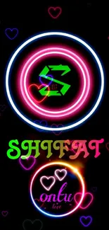 Neon themed wallpaper with colorful circles and creative text on black background.