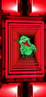 Vibrant neon monster with geometric red background.